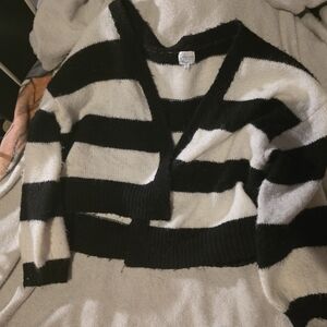 Striped Black and White V-Neck Cropped Sweater